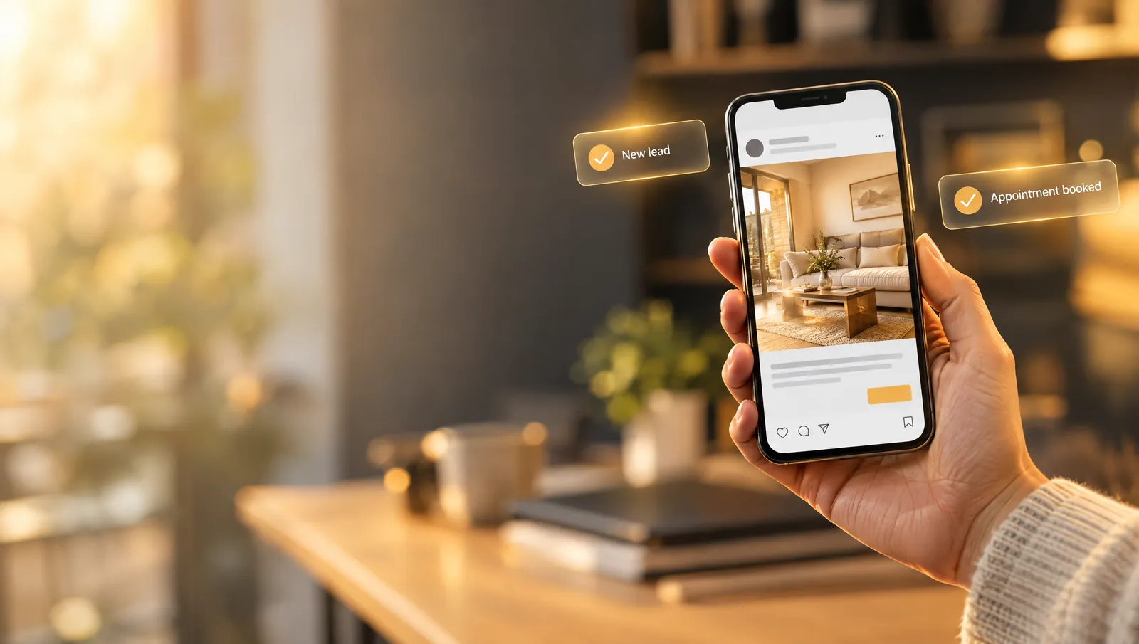 Smartphone showing a social media ad with New lead and Appointment booked notifications