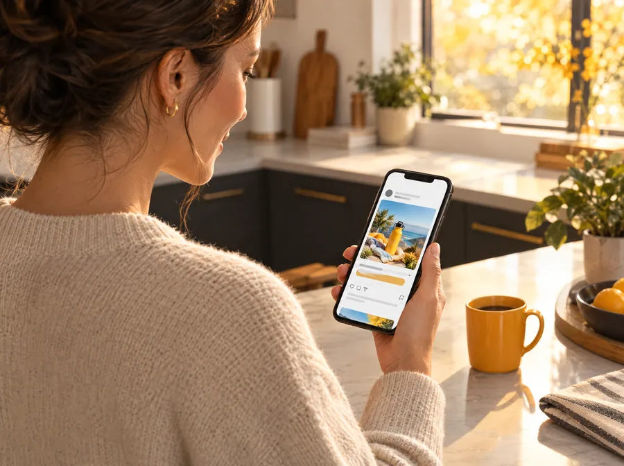 Woman at her kitchen counter looking at a sponsored ad on her phone