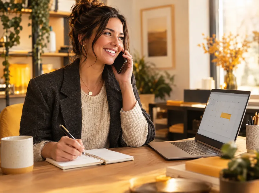 Business owner on a call with a new customer, calendar showing a booked appointment