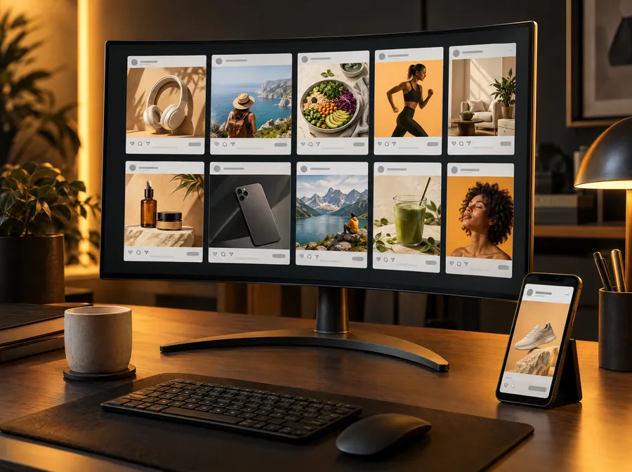 Monitor showing a grid of social media ad creatives