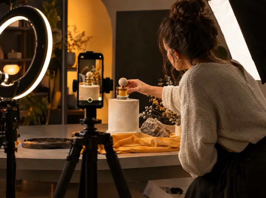 Phone on a tripod filming a product in a small content studio