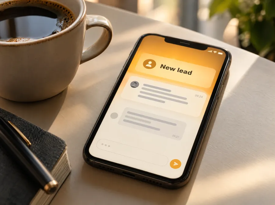 Phone showing a new lead notification and follow-up messages