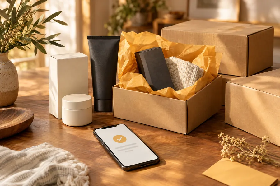Product packages and an order confirmation on a phone