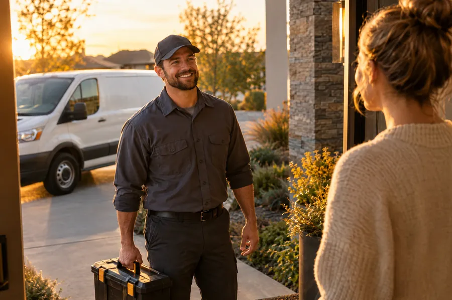 Service technician greeting a homeowner at the front door