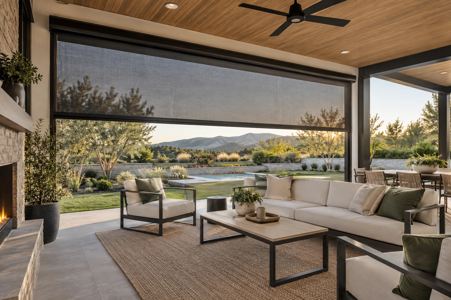 Illustrative modern patio with motorized mesh screens