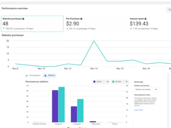 Meta performance overview showing 48 website purchases at 2 dollars 90 cents per purchase, up 182 percent versus the previous 14 days