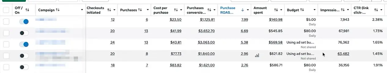 Meta Ads Manager table of five purchase campaigns showing 47 purchases, purchase ROAS between 2.76 and 7.99, and click-through rates up to 2.38 percent