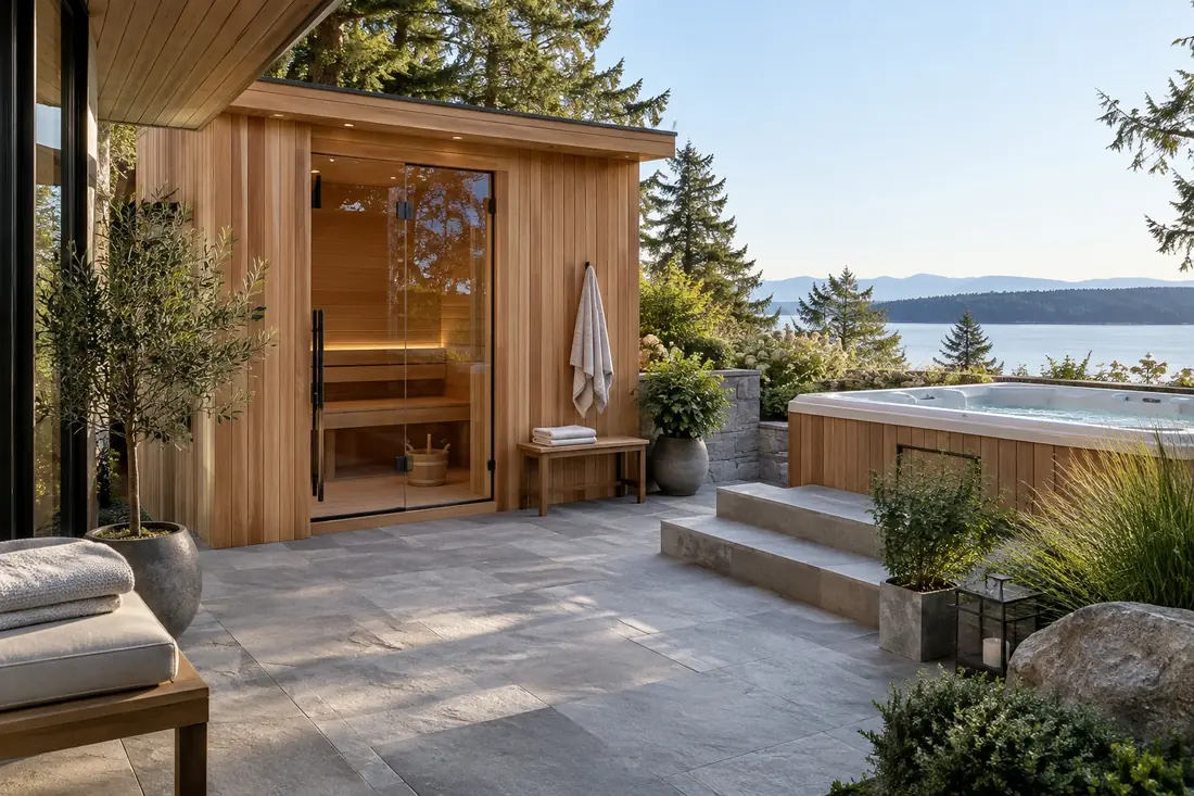 Illustrative outdoor cedar sauna and hot tub on a stone terrace